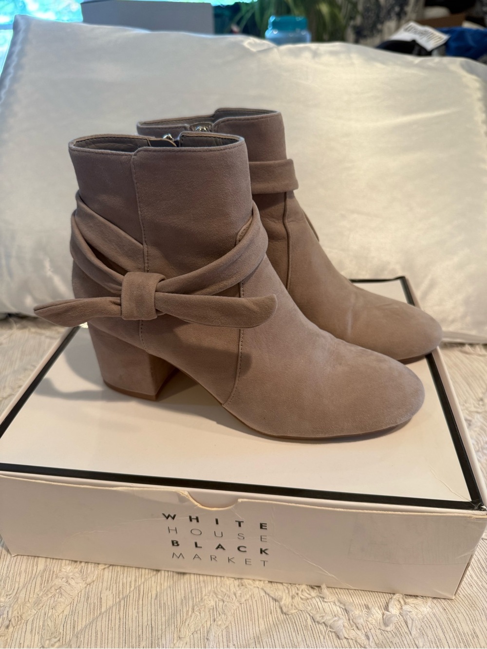 White House Black Market Taupe Suede Bow-Accent Ankle Boots